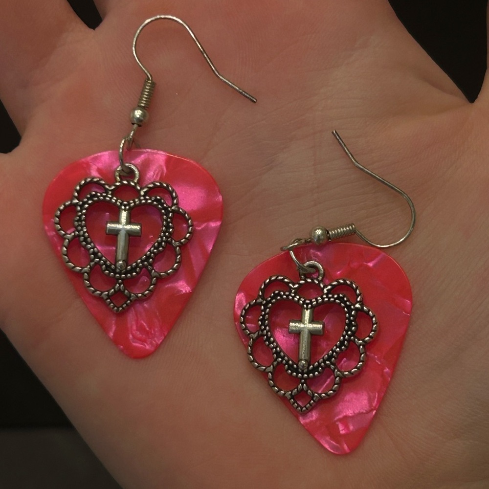 Pink guitar pick cross earrings